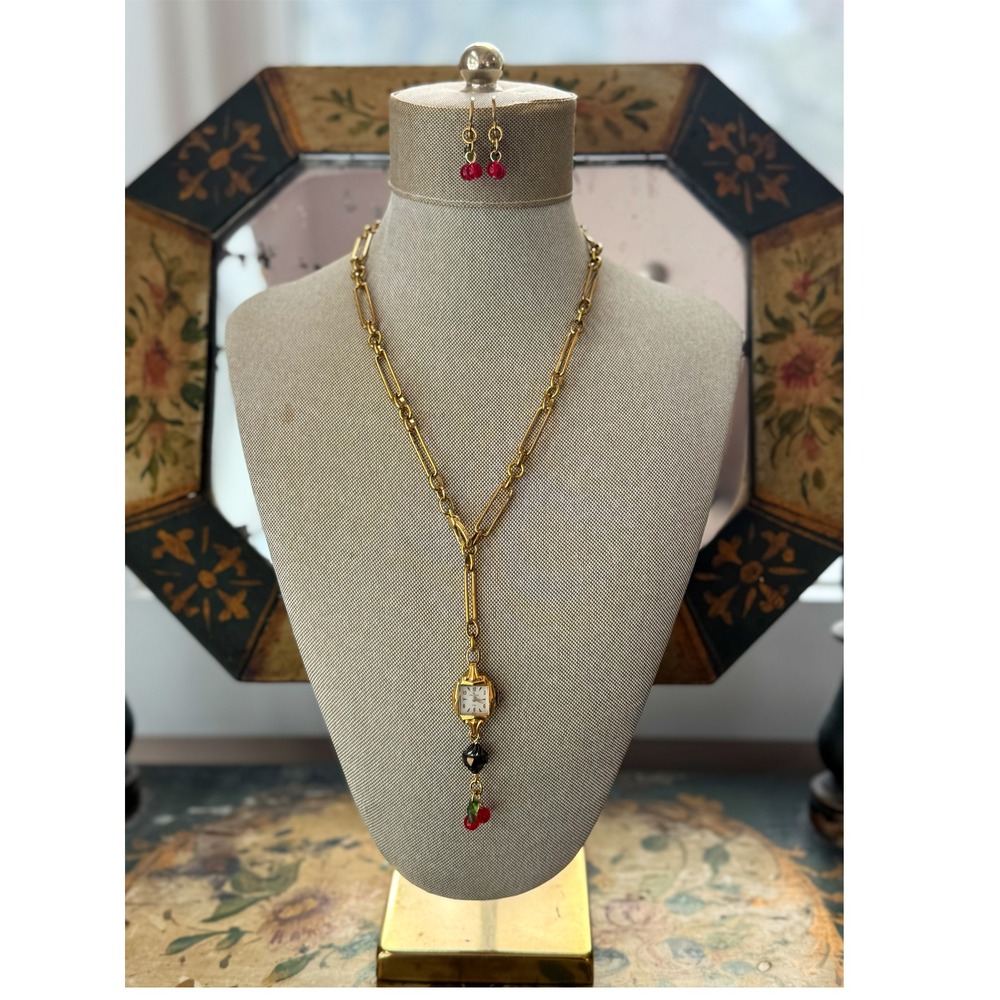Victorian Raw Brass Necklace‎ w/ Vintage Watch & Cherry Earrings Set - Picture 6 of 7
